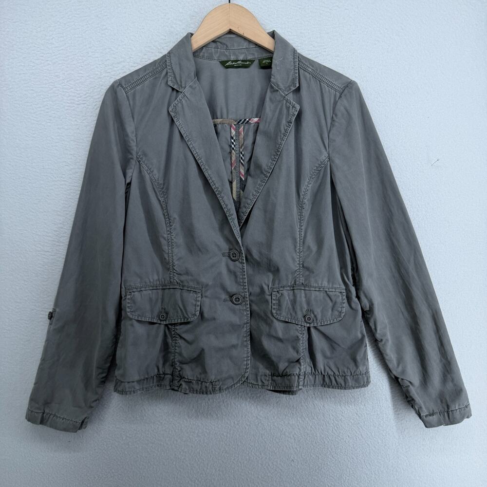 EDDIE BAUER Jacket Womens L Twill Utility Blazer Roll Tab Cotton Washed Gray